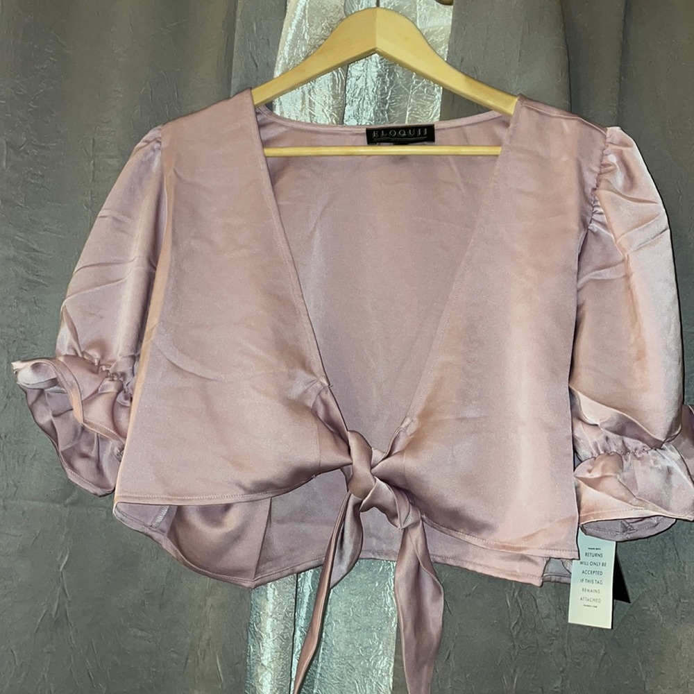 Dusty Pink Tie Front Satin Cropped Blouse; Size: 14